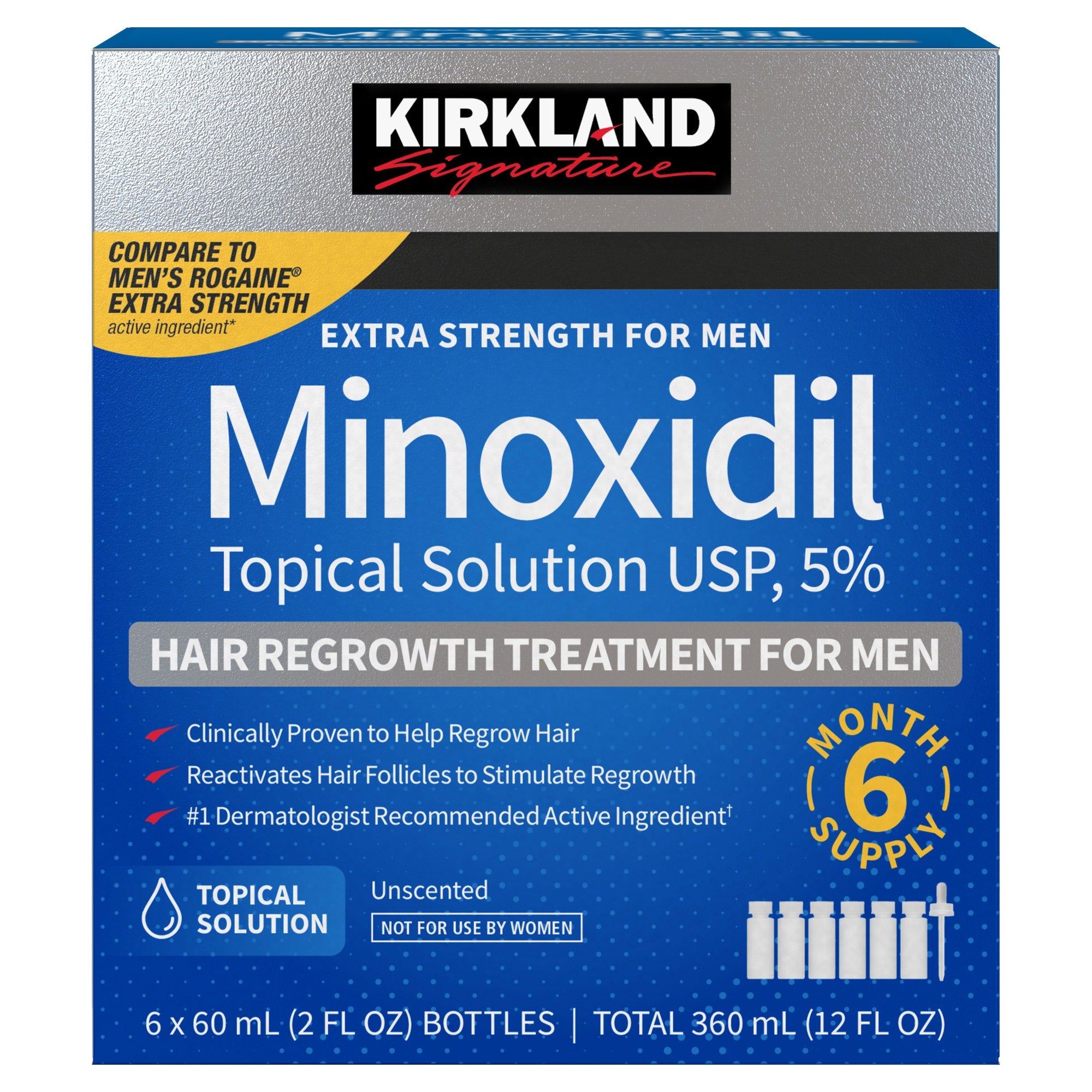 Kirkland Signature Minoxidil Topical Solution USP 5% for Men Hair Regrowth Treatment, Unscented, 6-Month Supply (6 x 60 mL)